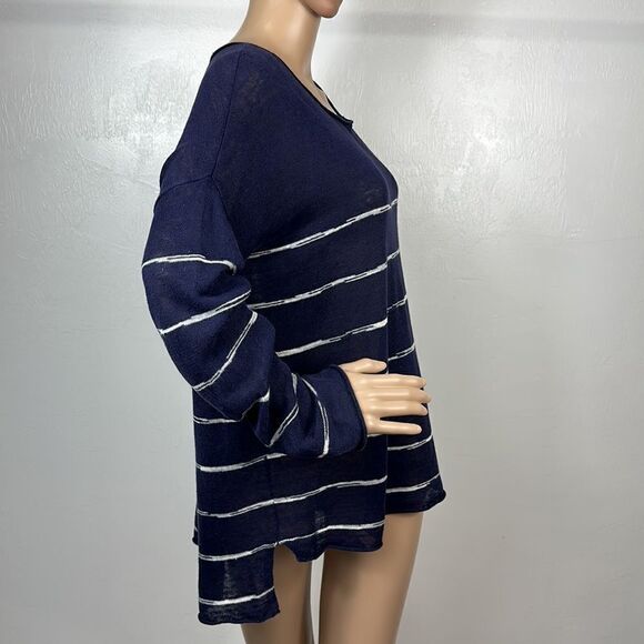 Eileen Fisher Organic Linen Navy Blue White Stripes Long Sleeve Top Size S - Picture 3 of 9